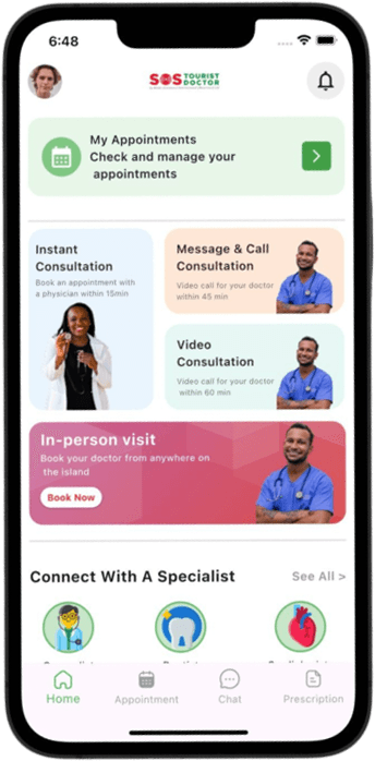 SOS Tourist Doctor mobile app on a smartphone